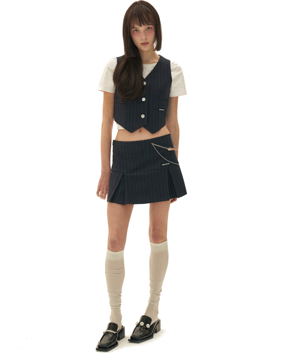 Stripe half pleats skirt_NAVY
