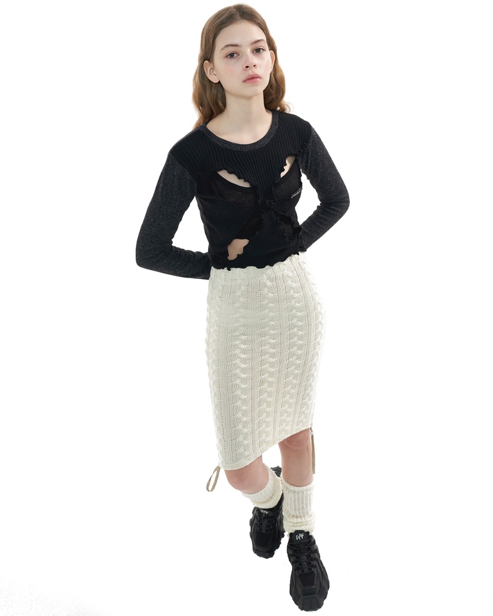 Twist knit string mid skirt _white